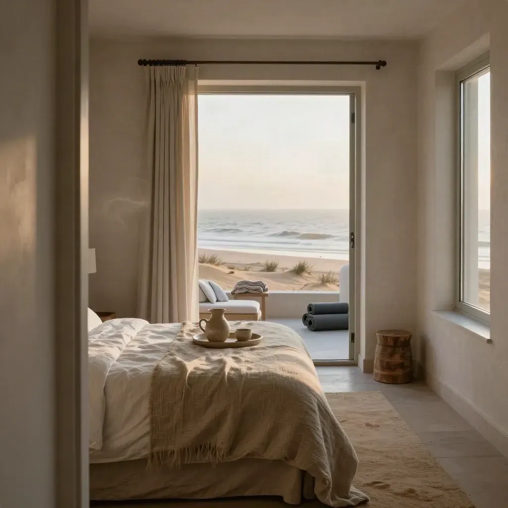 Ruime suite aan zee met open gordijnen, opgemaakt bed, ontbijttray en yoga-mat in ochtendmist.