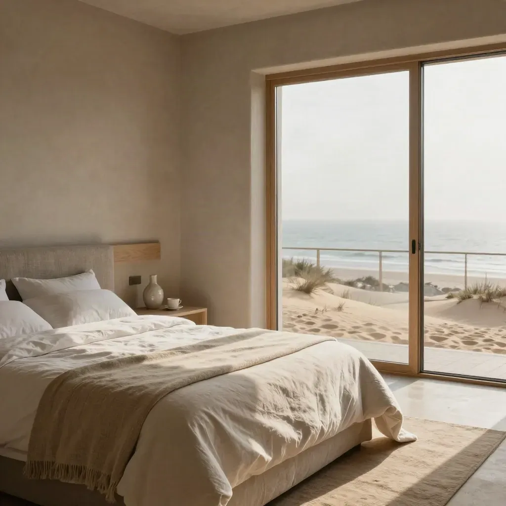Sereen duinkamerslaapkamer met linnen bed, open balkondeur en ochtendlicht op zee