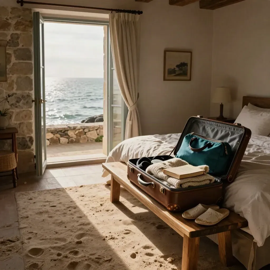 Open koffer met sweater, boek en strandschoenen bij gordijn met uitzicht op zee.
