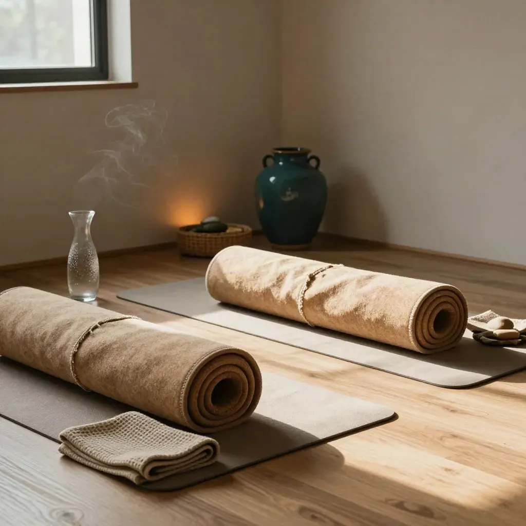 Rolled yogamatten, bolsters, handdoeken en stenen in een rustige studiohoek met zacht avondlicht.