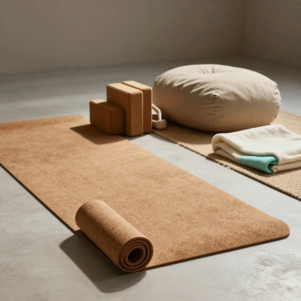 Rolled yoga mat met blokken, strap en bolster op een geweven mat in zacht studiolicht.