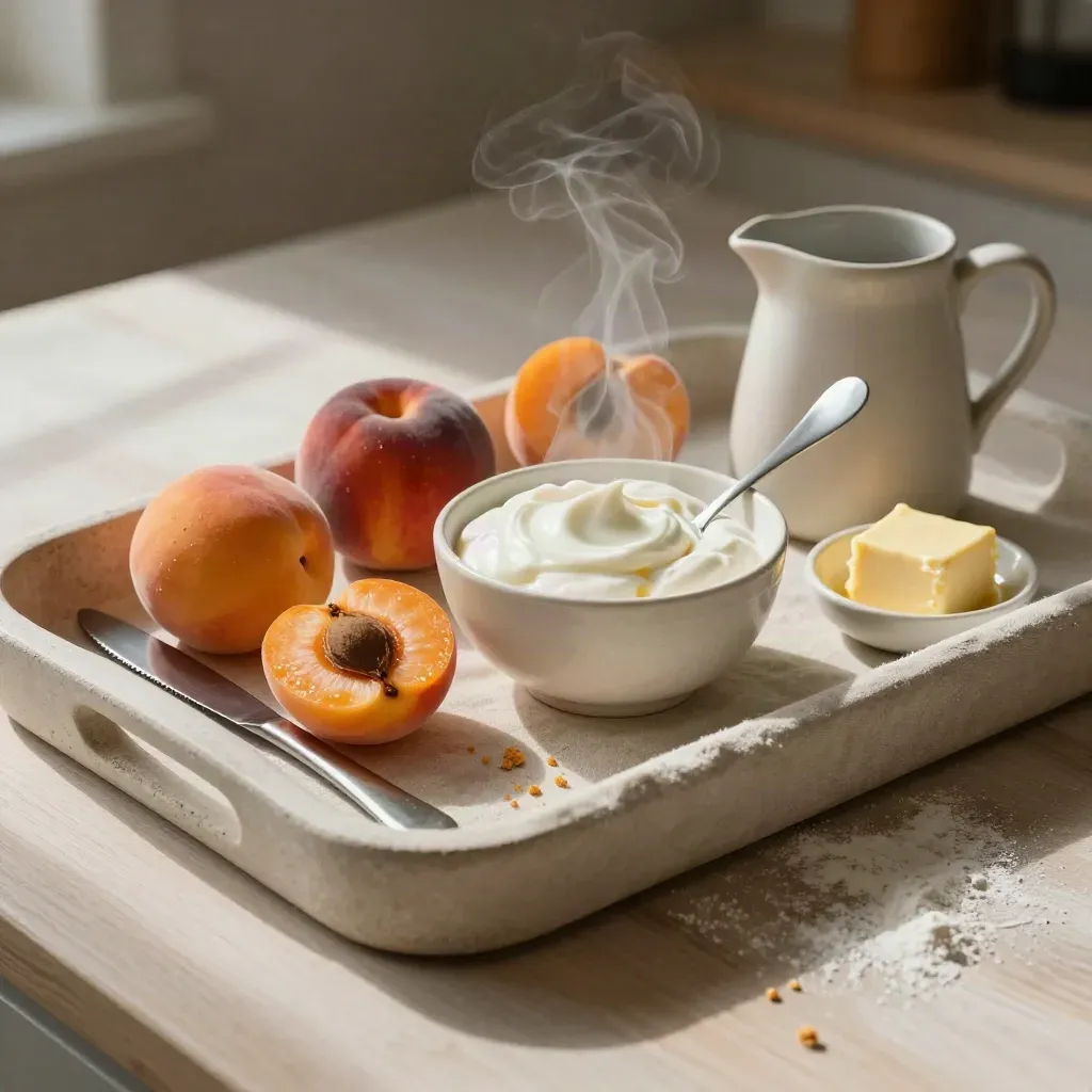 Ontbijt op linnen dienblad met mes, yoghurt, steenfruit, botervloot en kannetje.
