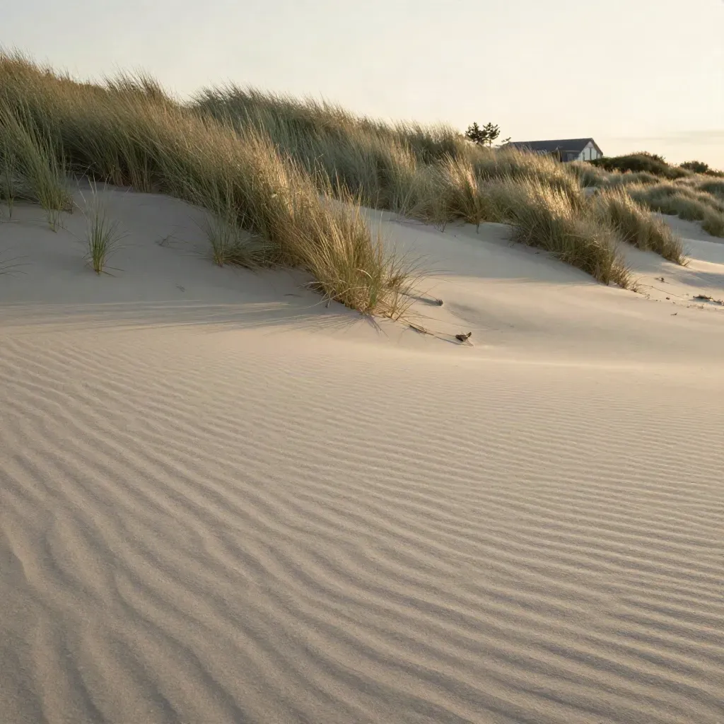 Duinzand van Kennemerland met helmgras, pijnschaduw en een villa op de horizon.